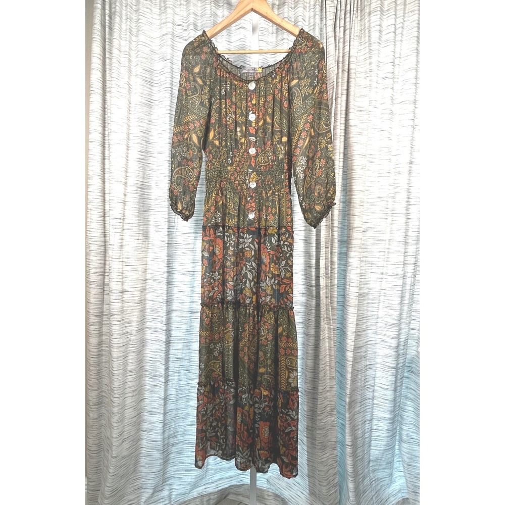 Figueroa & Flower Maxi Dress Green Womens Medium Paisley Tiered Boho EUC